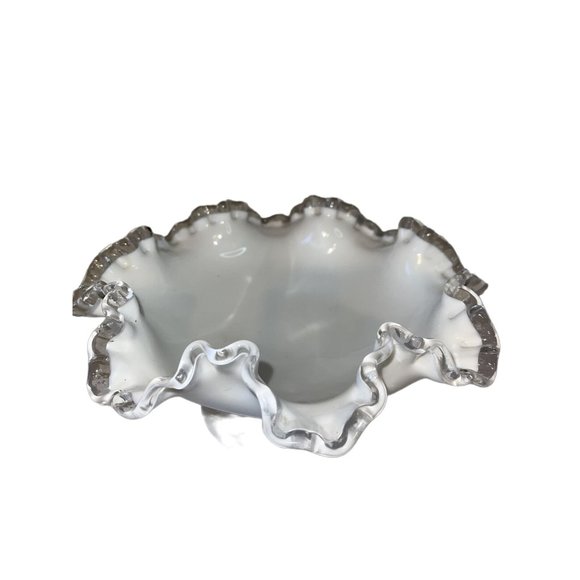 Fenton Silver Crest Milk Glass Bowl Dish 8”X4” Pedestaled Ruffled Vintage - Picture 6 of 6